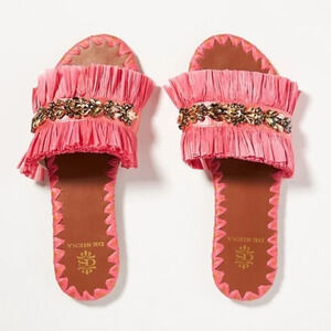 Anthropologie Pink De Siena Embellished Raffia Slide Sandals EU 36